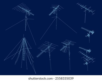 Set of outline Antenna from blue lines. Vector illustration