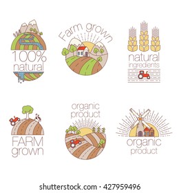 Set of outline art elements for labels and badges for organic food and drink. Collection of farm logo labels. Organic, bio, ecology, eco natural design template. Isolated Vector illustration 