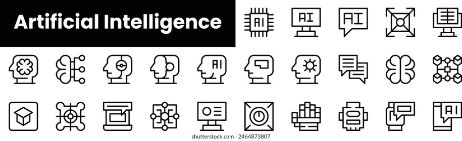 Conjunto de iconos de inteligencia artificial de esquema. Conjunto de iconos de Web lineal fino minimalista. Ilustración vectorial.