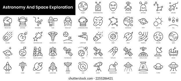 Set of outline astronomy and space exploration icons. Minimalist thin linear web icon set. vector illustration.