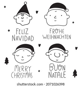 Set of outline badges. Cute little children faces. Buon natale, Feliz navidad, Frohe Weihnachten. Merry Christmas in different languages. Illustrations for greeting cards, posters, print design. 