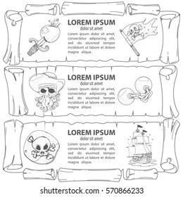 Set outline of banners imitating ancient papyrus. Three scroll to design a pirate parties, casino, table games or mobile applications. Pirates, vintage items and marine sazochnye inhabitants.