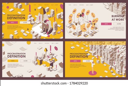 Set of outline banners or landing page templates about procrastination, deadline, burnout and lots of paperwork in yellow and beige colors. Office isometric scenes with depressed people