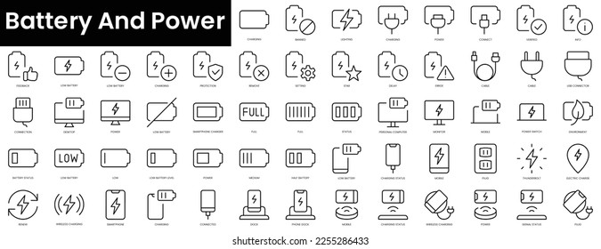 Set of outline battery and power icons. Minimalist thin linear web icon set. vector illustration.
