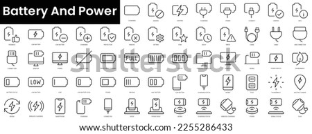 Set of outline battery and power icons. Minimalist thin linear web icon set. vector illustration.