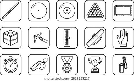 Set of outline billiards and pool game icons featuring cues, balls, chalk, table, and tournament awards in vector.