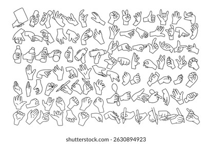 Set of outline black color hand gesture poses icon. 