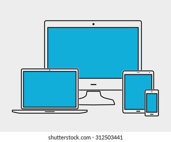 Set of outline black electronic devices with blue blank screens - computer monitor, smartphone, tablet, and notebook