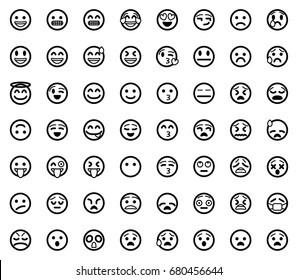 Set Of Outline Black Emoji Icons. Isolated Thin Line Vector.