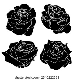 Set of outline black roses silhouettes. Four floral contours, solid black isolated elements. Print and digital design, greeting cards, invitations, wedding decor, wall art, and branding materials.