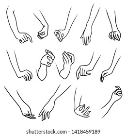 Set of outline black vector woman's hands in various gestures isolated on white background