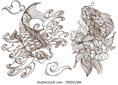 A set of outline black and white illustrations with sketches of carp koi tattoos.