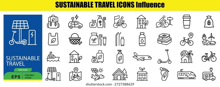 Conjunto de Contorno linha preta e branca representando conceitos de viagem sustentáveis linha sustentável