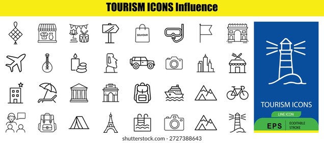 Conjunto de Outline preto e branco linha de turismo com um azul farol linha de turismo preto e branco