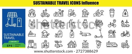 Set of Outline black and white line representing sustainable travel concepts line sustainable travel
