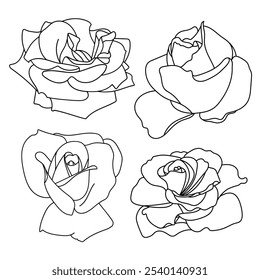 Set of outline black and white roses. Isolated elements on a white background. Floral elements, print and digital design, greeting cards, invitations, wedding decor, wall art, and branding materials.