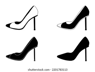 Set of outline black and white silhouette of women shoes with heels, stilettos, model, accessory.