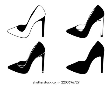 Set of outline black and white silhouette of women shoes with heels, stilettos, model, accessory.