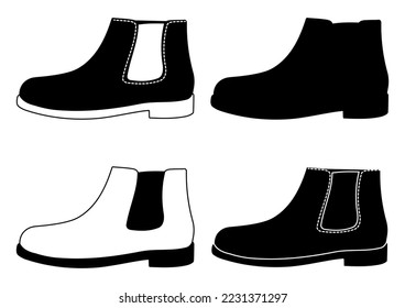 Set of outline black and white silhouette of men's boots сhelsea. Male shoes model. Isolated vector