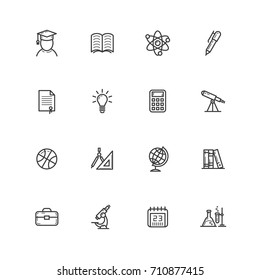 set of outline black and white simple vector line art icons on the theme of education