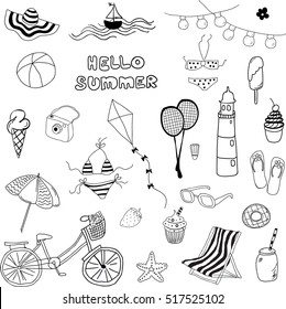 Set of outline black and white vector hand drawn summer themed doodles.