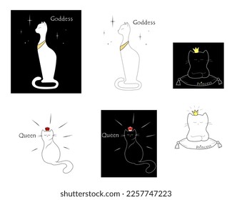 Set of outline black-white cats with inscription Princess, Queen, Goddess.