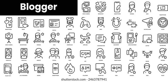 Set of outline blogger icons. Minimalist thin linear web icon set. vector illustration.