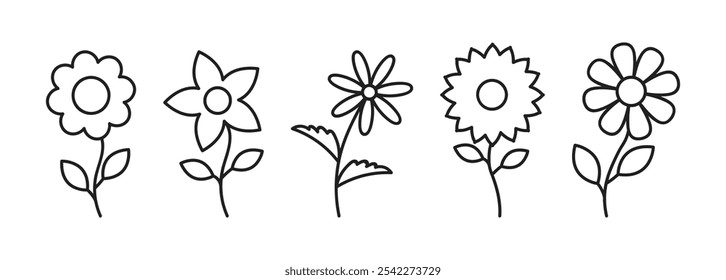 set outline blooming leafy flower vector design isolated white background