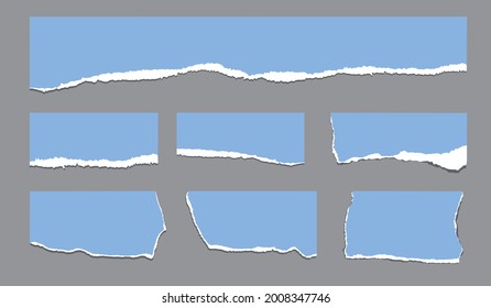 Conjunto de cintas y pancartas azules de contorno. Colección de tiras de papel rotas en blanco. Ilustración vectorial.