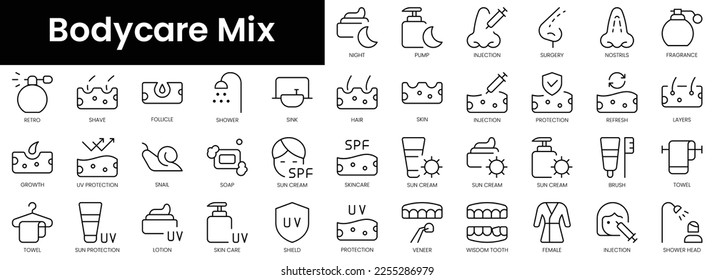 Set of outline bodycare mix icons. Minimalist thin linear web icon set. vector illustration.