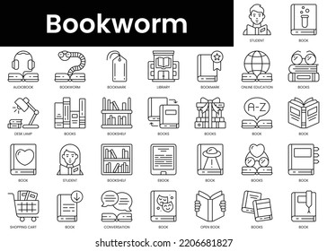 Set Of Outline Bookworm Icons. Minimalist Thin Linear Web Icon Set. Vector Illustration.