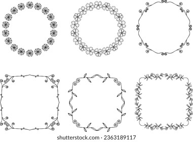 Set of Outline Botanical Floral Circle Frame Border. Decorative Line Art Flower Round Circle frame.  Wedding Invitation, label, Card with Floral Background  Vector