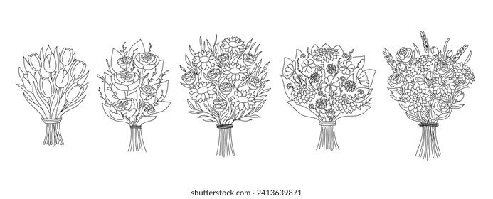 Set of outline bouquets with garden flowers. Valentine's Day, 8 march and Mother's holiday birthday