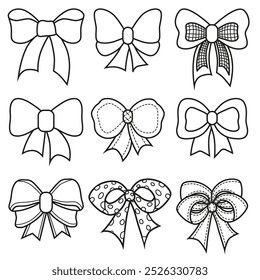 Set of outline bows. Silhouette icons of elegant ribbon bows. Wedding party stickers and birthday decorations in handmade style. Coloring page for kids.