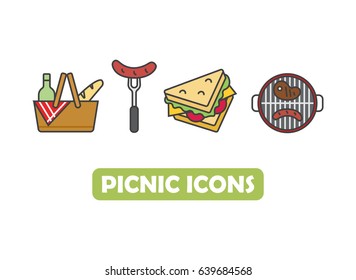 Set of outline bright colorful picnic outline icons. BBQ icons set.