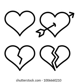 Set of outline broken heart icons isolated on white background. Line love pictograms. Amour sign. Valentines day symbols for website design, logo, ui. Editable stroke. Vector illustration.