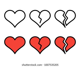 Set of outline broken heart icons isolated on white background. Line love pictograms. Amour sign. Valentines day symbols for website design, mobile app, logo, ui. Editable stroke. Vector illustration.