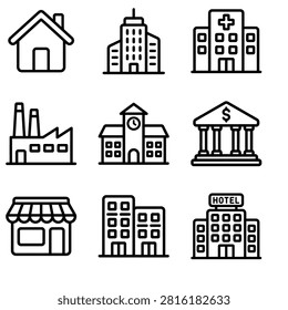 Set of Outline Building Icons Representing Various Architectural Styles and Functions