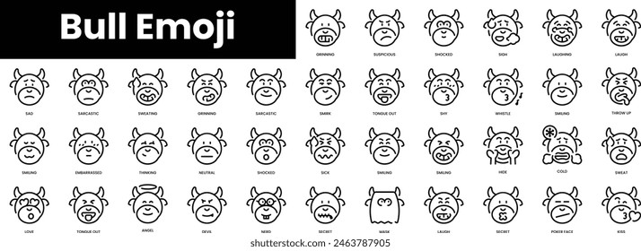 Set of outline bull emoji icons. Minimalist thin linear web icon set. vector illustration.