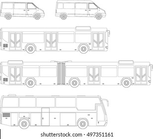 Set Of Outline Buses: Minibus, City Bus, Tourist Bus