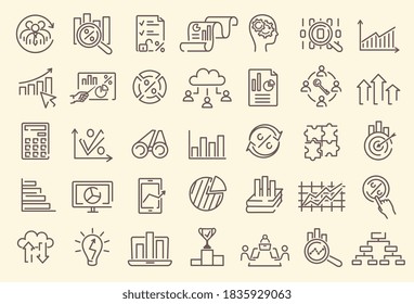 A set of outline business analytics, data analysis, statistics dedicated minimal thin line vector web icons.