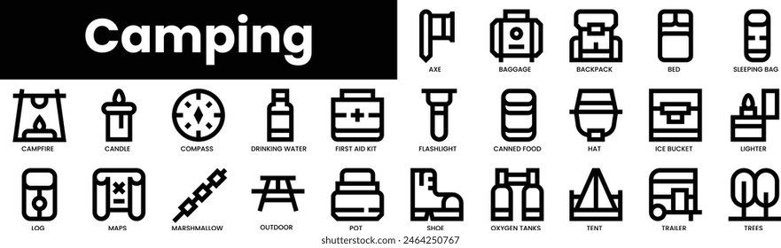 Set of outline camping icons. Minimalist thin linear web icon set. vector illustration.