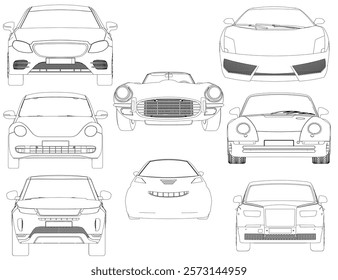 Set of outline car. The car is designed for speed and performance, with a powerful engine and aerodynamic features. Front view