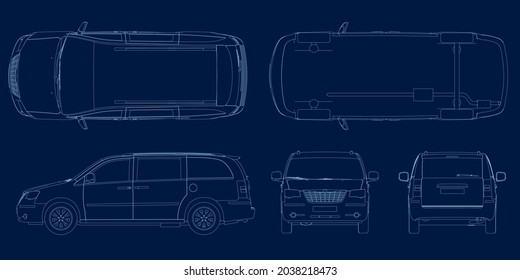 Set with the outline of the car in different positions from blue lines on a dark background. Side, front, back, top, bottom views. Vector illustration