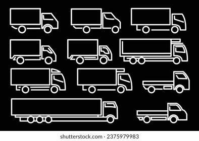 Set of outline car icons. Big vehicle vector illustration. On a black background.