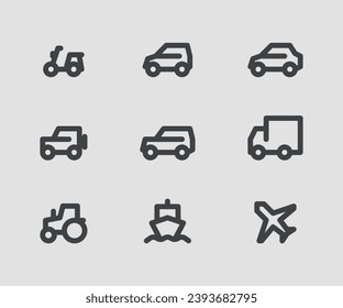 Set outline car icons, types of transport 