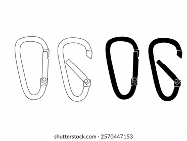 Set of outline carabiner icons, featuring various designs and angles, perfect for outdoor gear, adventure sports, and safety equipment illustrations