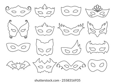 Set of outline carnival masks isolated on white background