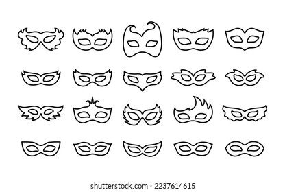 Set of outline carnival masks. Simple linear icons of masquerade masks, for party, parade and carnival, for Mardi Gras and Halloween. Line art mask element can be used as isolated sign or symbol.