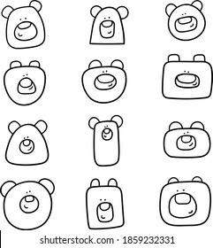 Set Outline cartoon hand drawn logo icon clipart of teddy bears head on transparent background black and white
